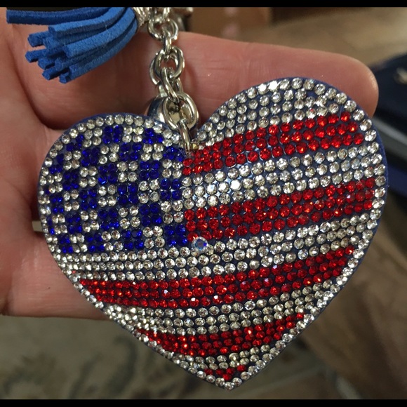 Sparkle front “soft” blue flannel back American Flag keychain heart shaped - Picture 3 of 4